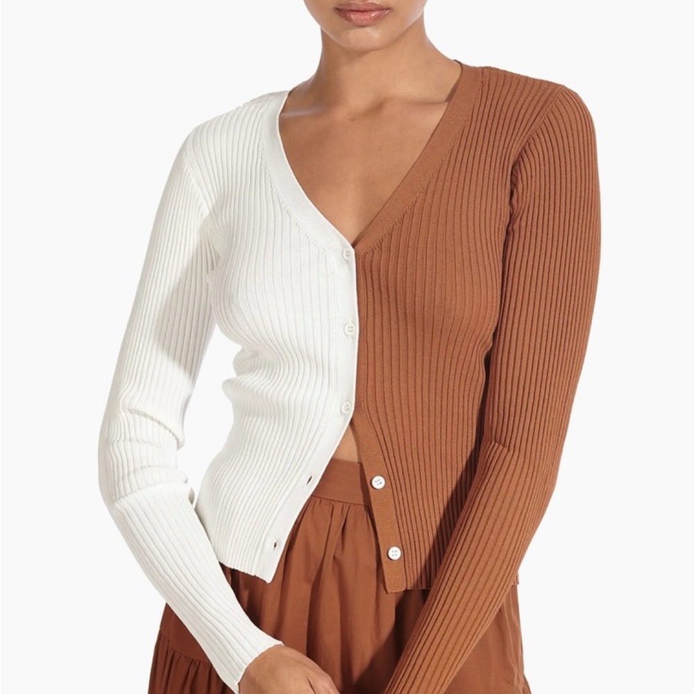 STAUD Cargo Colorblock Ribbed-Knit Cardigan in Tan/Brown and White